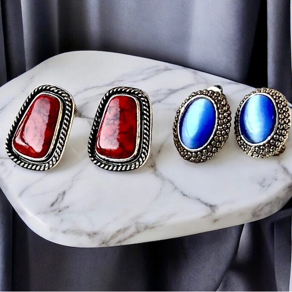 Vintage Earrings Silvertone and Faux Gemstones Screwback + Clip On 2 pairs - Picture 4 of 12